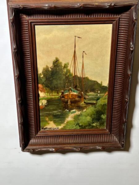 Boats at the riverside ( oil on panel )