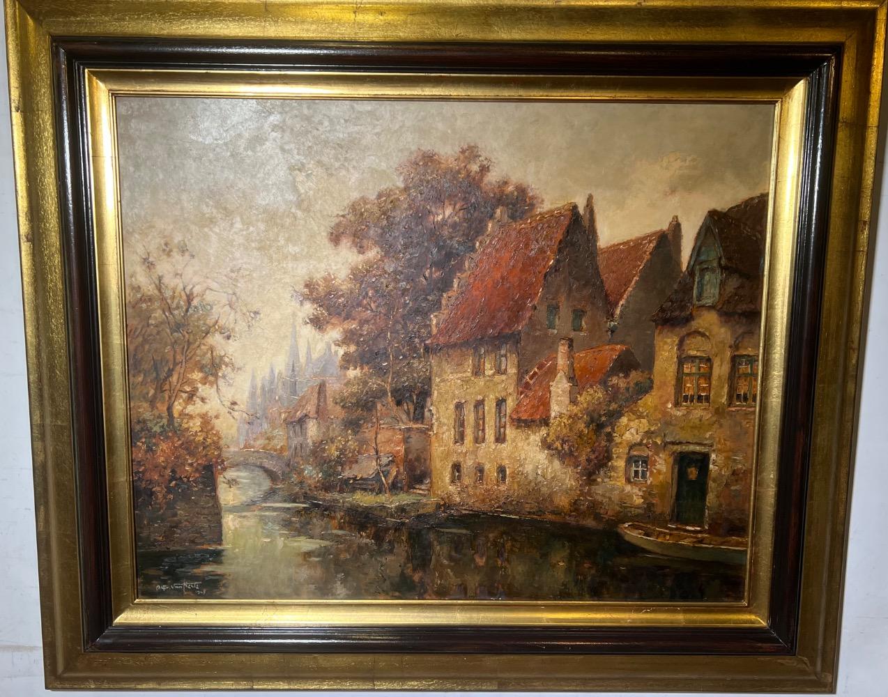 House at the canals in Bruges ( oil on panel )