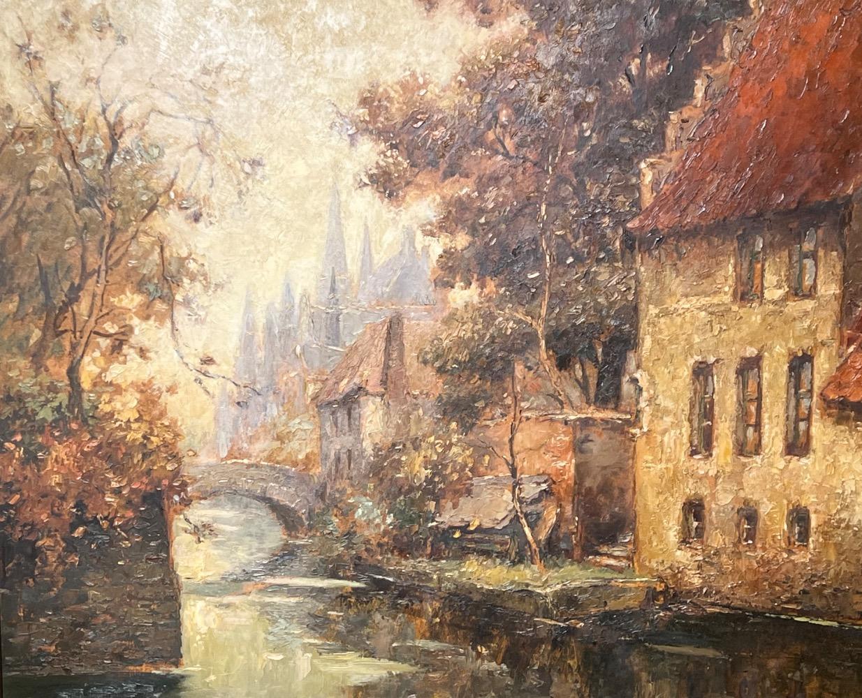 House at the canals in Bruges ( oil on panel )