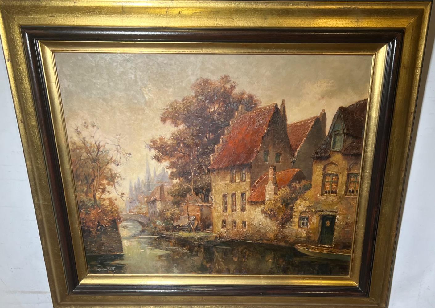 House at the canals in Bruges ( oil on panel )