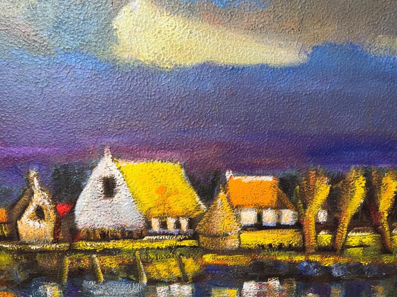 Houses at the riverside ( oil on panel )