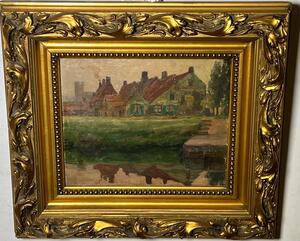 Houses near the canal ( oil on panel )