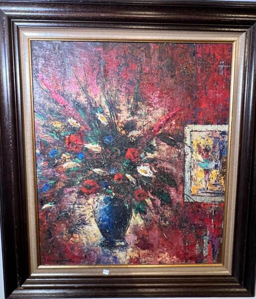 Stillife with flowers and a painting (oil on canvas)