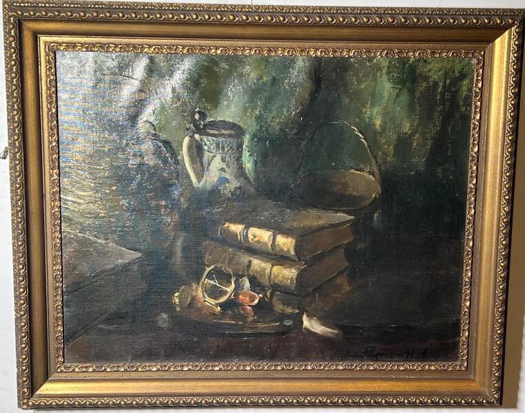 Stillife with books ( on the reverse : the garden ). ( oil on canvas)