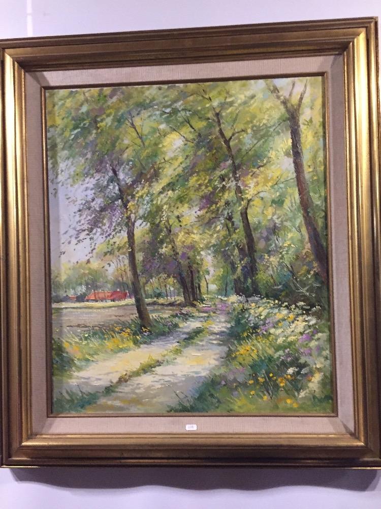 Sunny landscape with farmhouse 