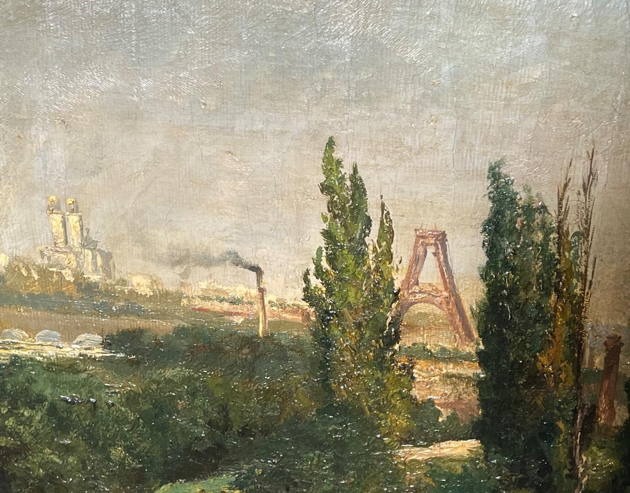 1887, landscape near Paris of the construction of the Eiffel tower and a view of an air  air balloon ( oil on canvas )
