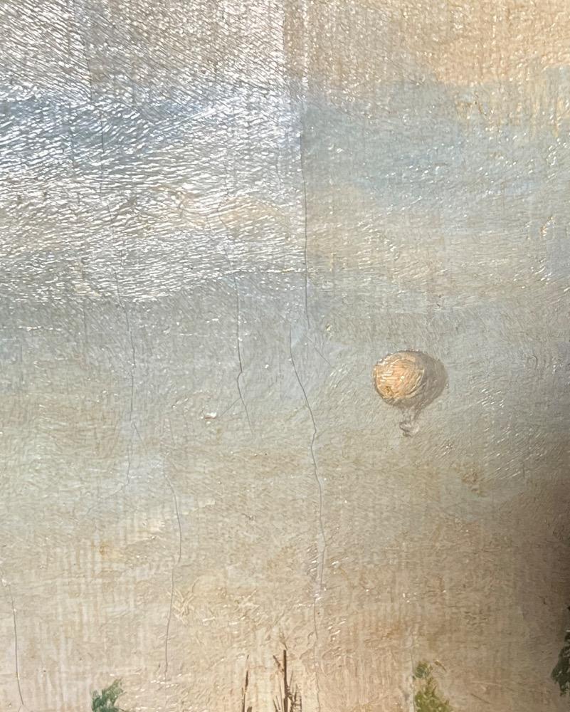 1887, landscape near Paris of the construction of the Eiffel tower and a view of an air  air balloon ( oil on canvas )