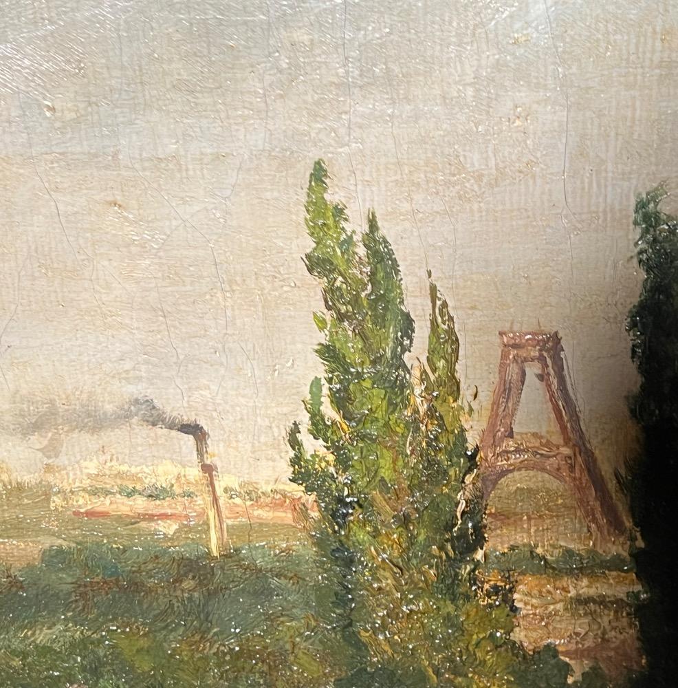 1887, landscape near Paris of the construction of the Eiffel tower and a view of an air  air balloon ( oil on canvas )