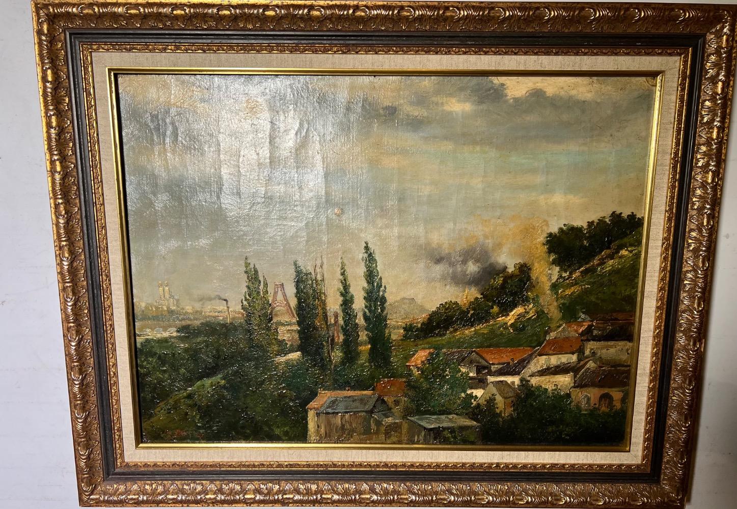 1887, landscape near Paris of the construction of the Eiffel tower and a view of an air  air balloon ( oil on canvas )