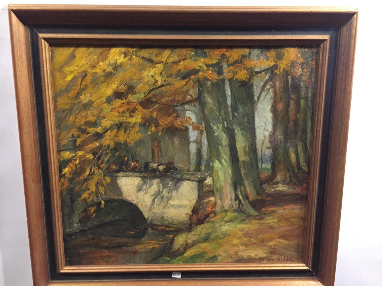 Farmer and cows crossing  the bridge 