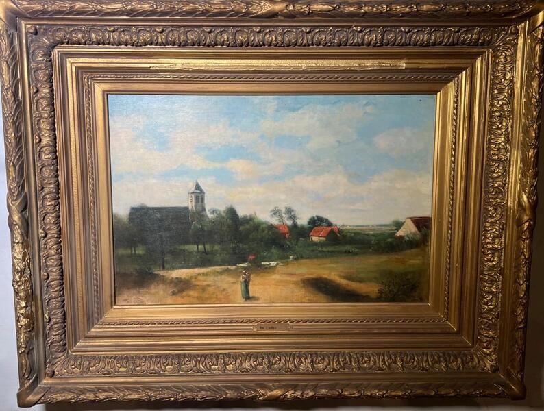 Mother and child walking to the peaceful village ( oil on canvas )