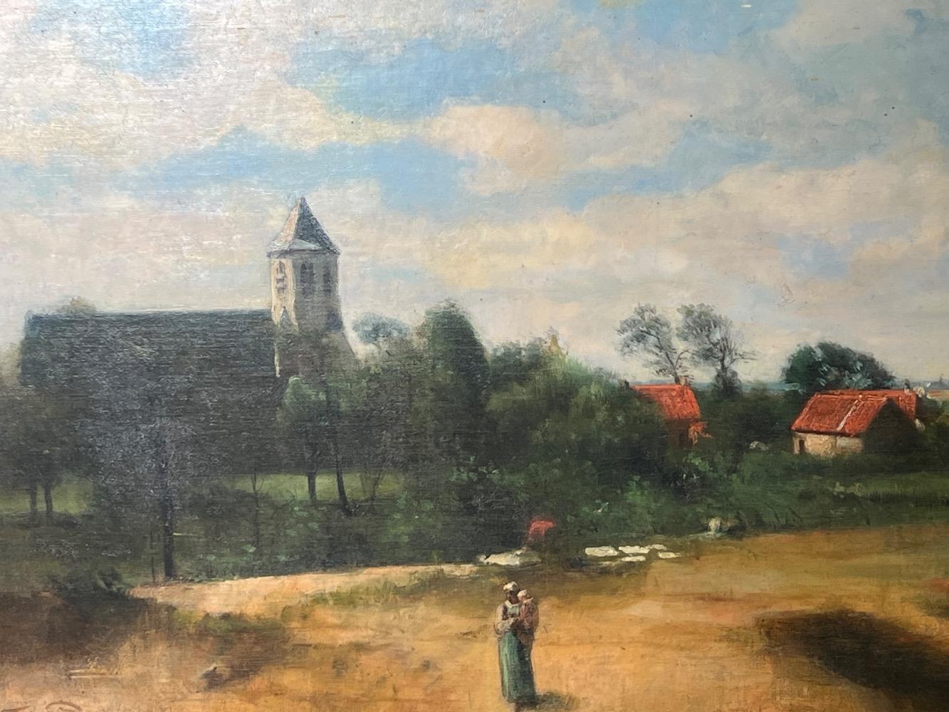 Mother and child walking to the peaceful village ( oil on canvas )