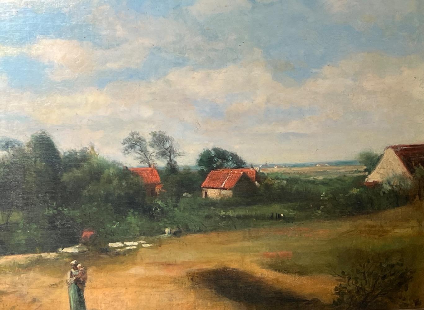 Mother and child walking to the peaceful village ( oil on canvas )