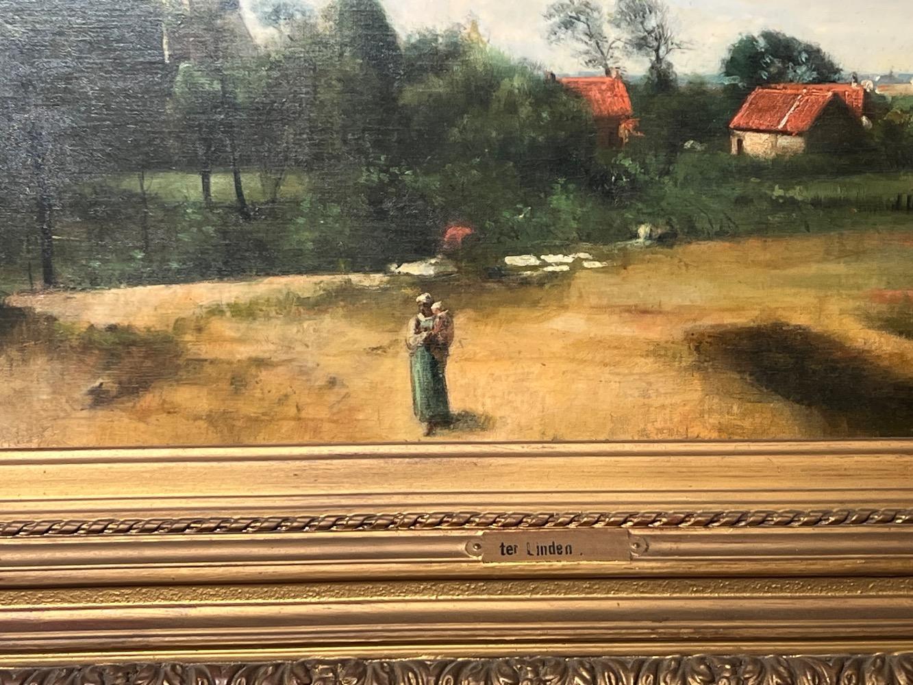 Mother and child walking to the peaceful village ( oil on canvas )