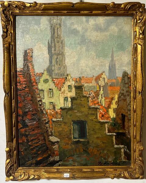 On the roof in Bruges ( oil on panel )