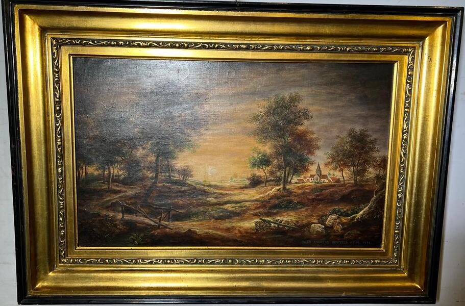 Panoramic view of the peaceful village ( oil on canvas )