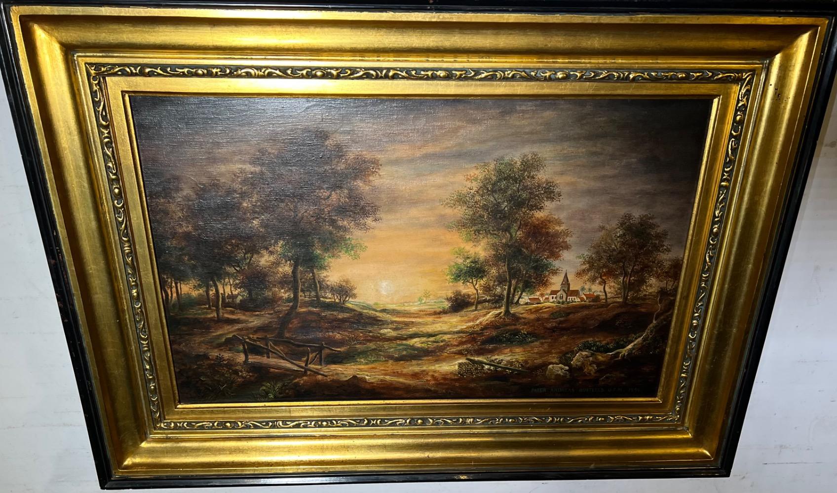 Panoramic view of the peaceful village ( oil on canvas )