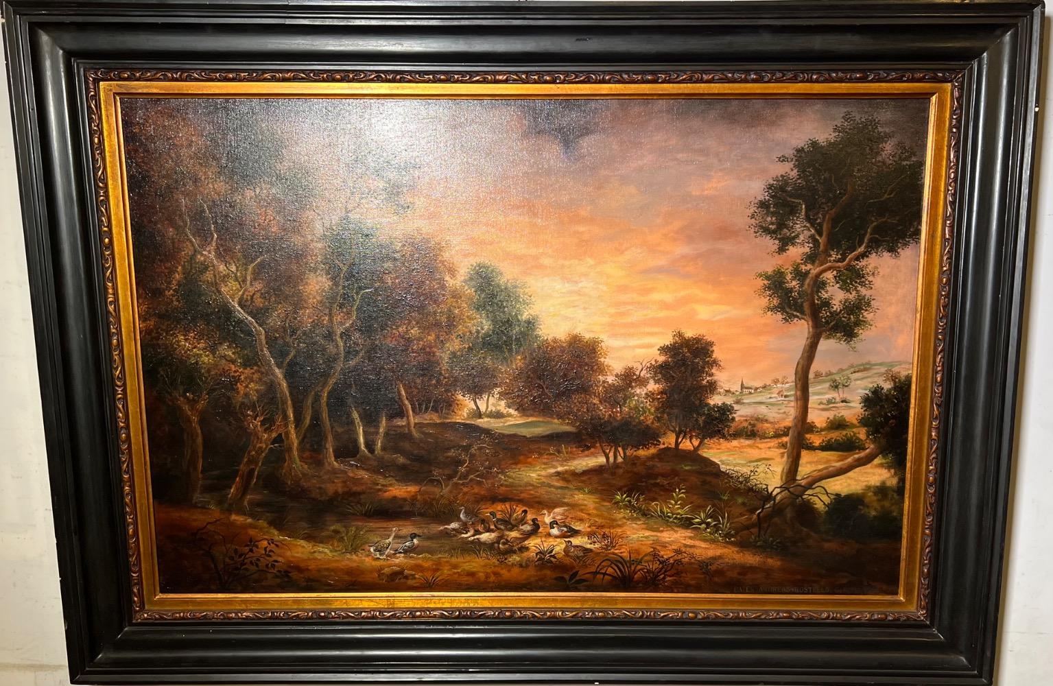 Panoramic view wit a duck family ( oil on canvas)