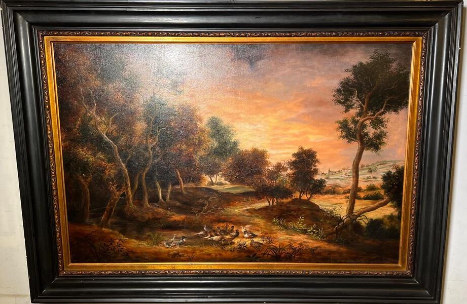 Panoramic view wit a duck family ( oil on canvas)