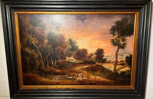 Panoramic view wit a duck family ( oil on canvas)