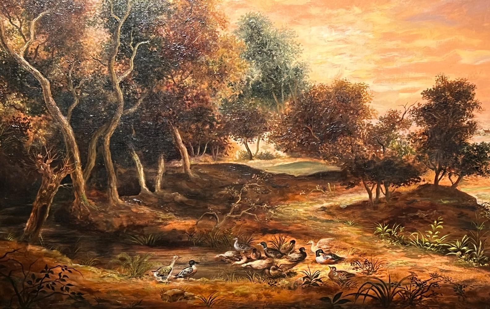 Panoramic view wit a duck family ( oil on canvas)