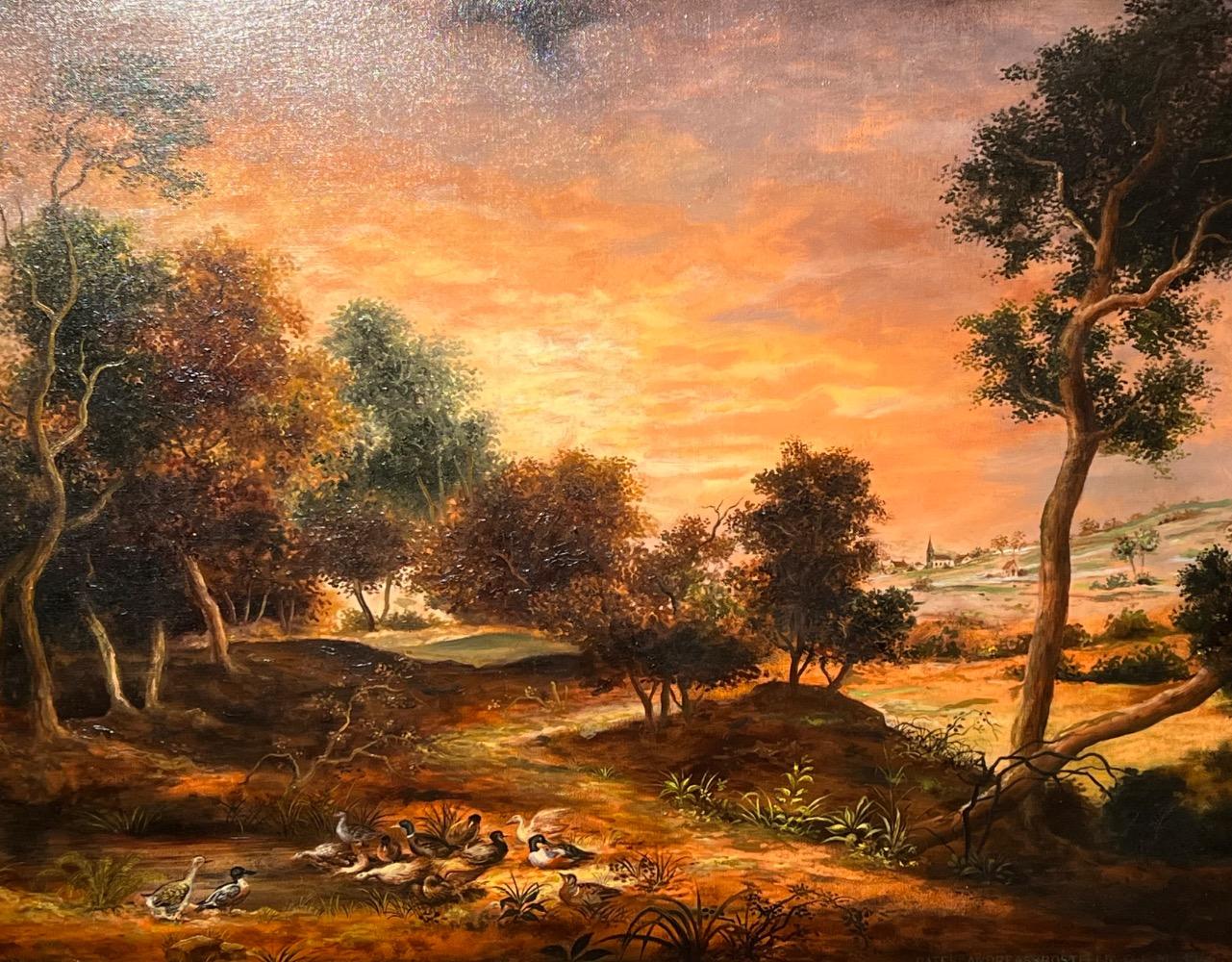 Panoramic view wit a duck family ( oil on canvas)