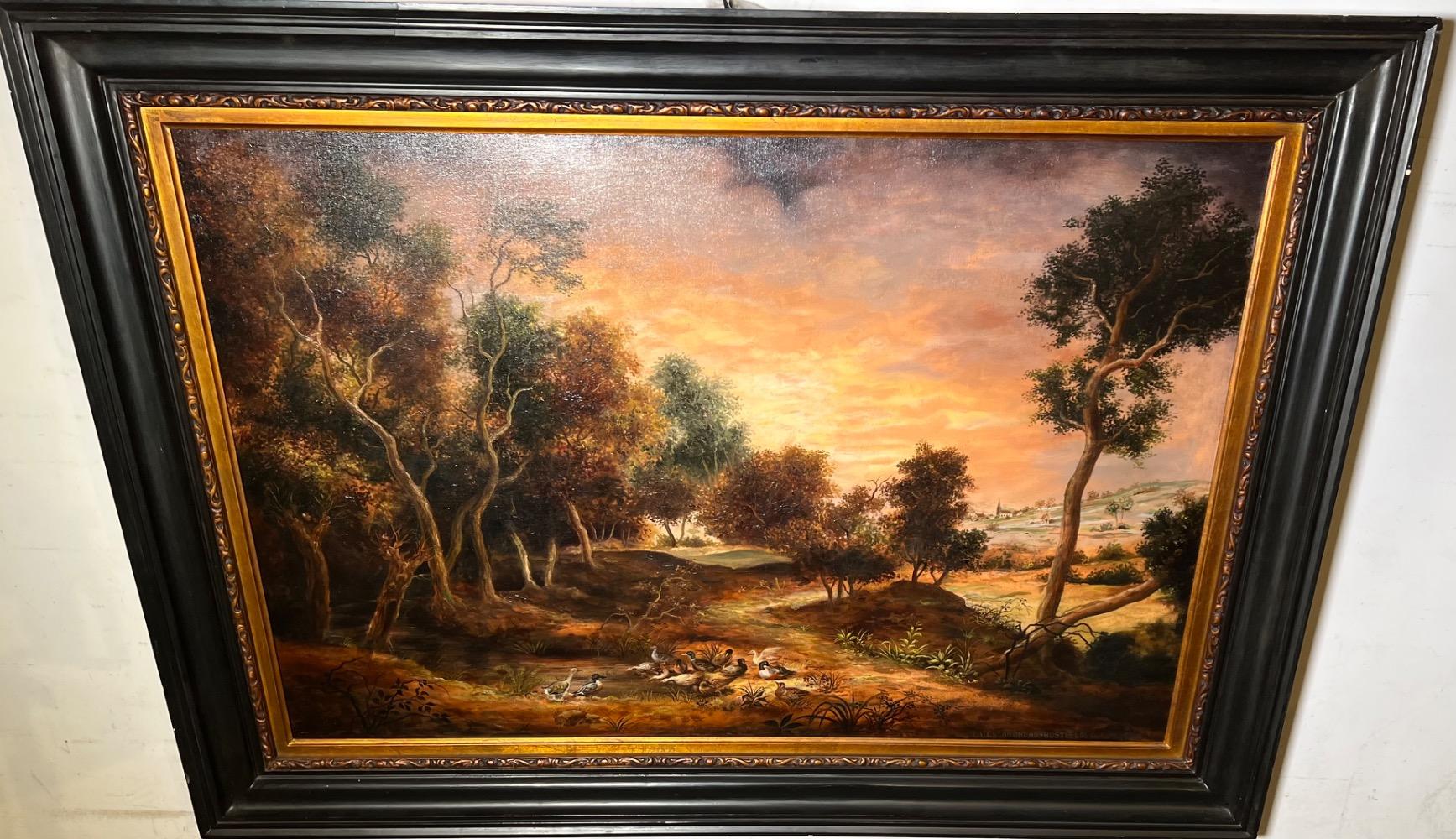 Panoramic view wit a duck family ( oil on canvas)