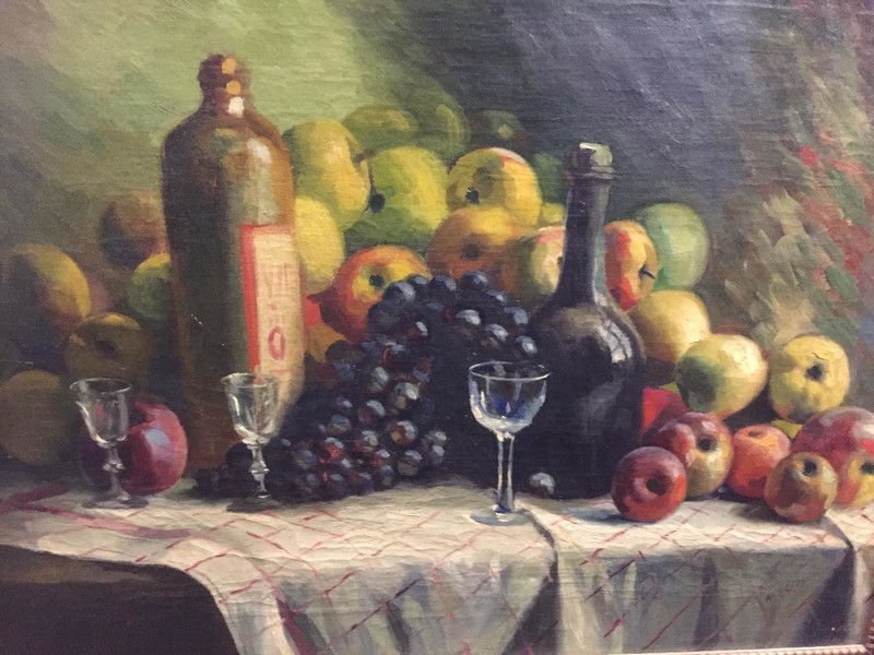 Stillife with apples, grapes and wine