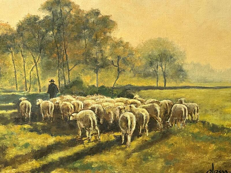Shepherd with his sheep ( oil on canvas )