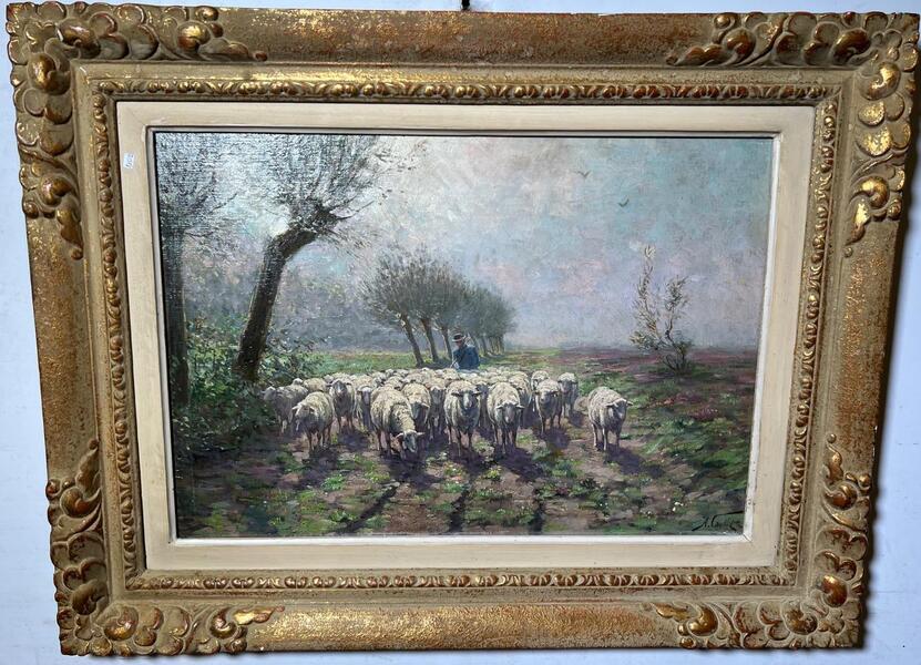 Shepherd with his sheep ( oil on canvas on panel )