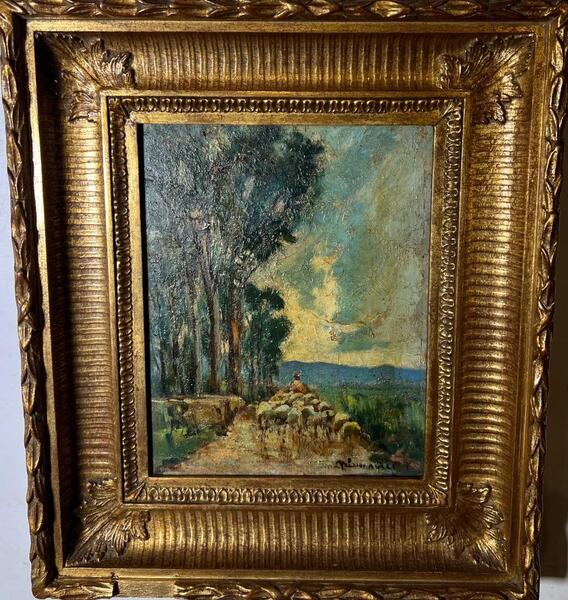 Shepherd with his sheep ( oil on panel )