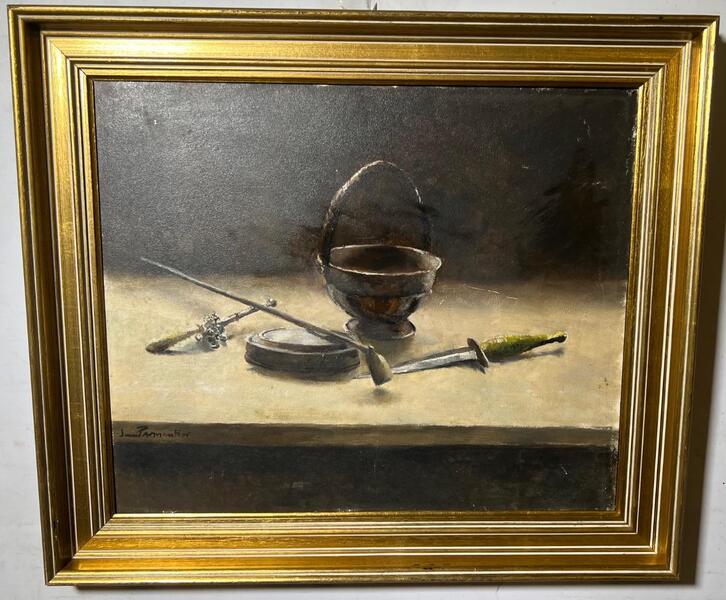 Stillife with a pipe and a knife ( oil on panel )