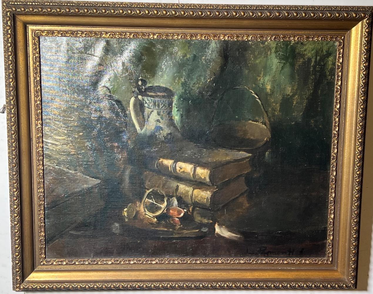 Stillife with books ( on the reverse : the garden ). ( oil on canvas)