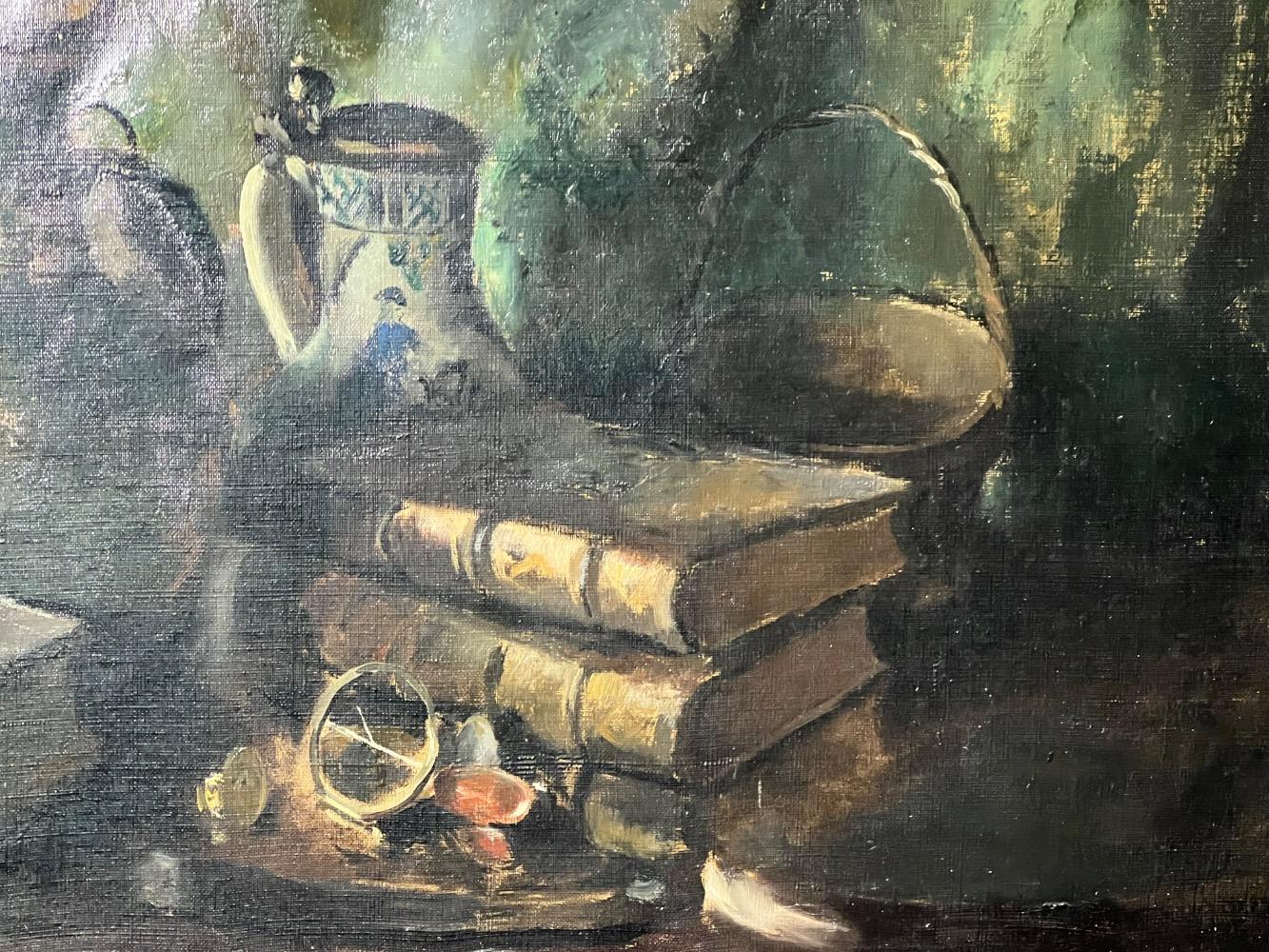 Stillife with books ( on the reverse : the garden ). ( oil on canvas)