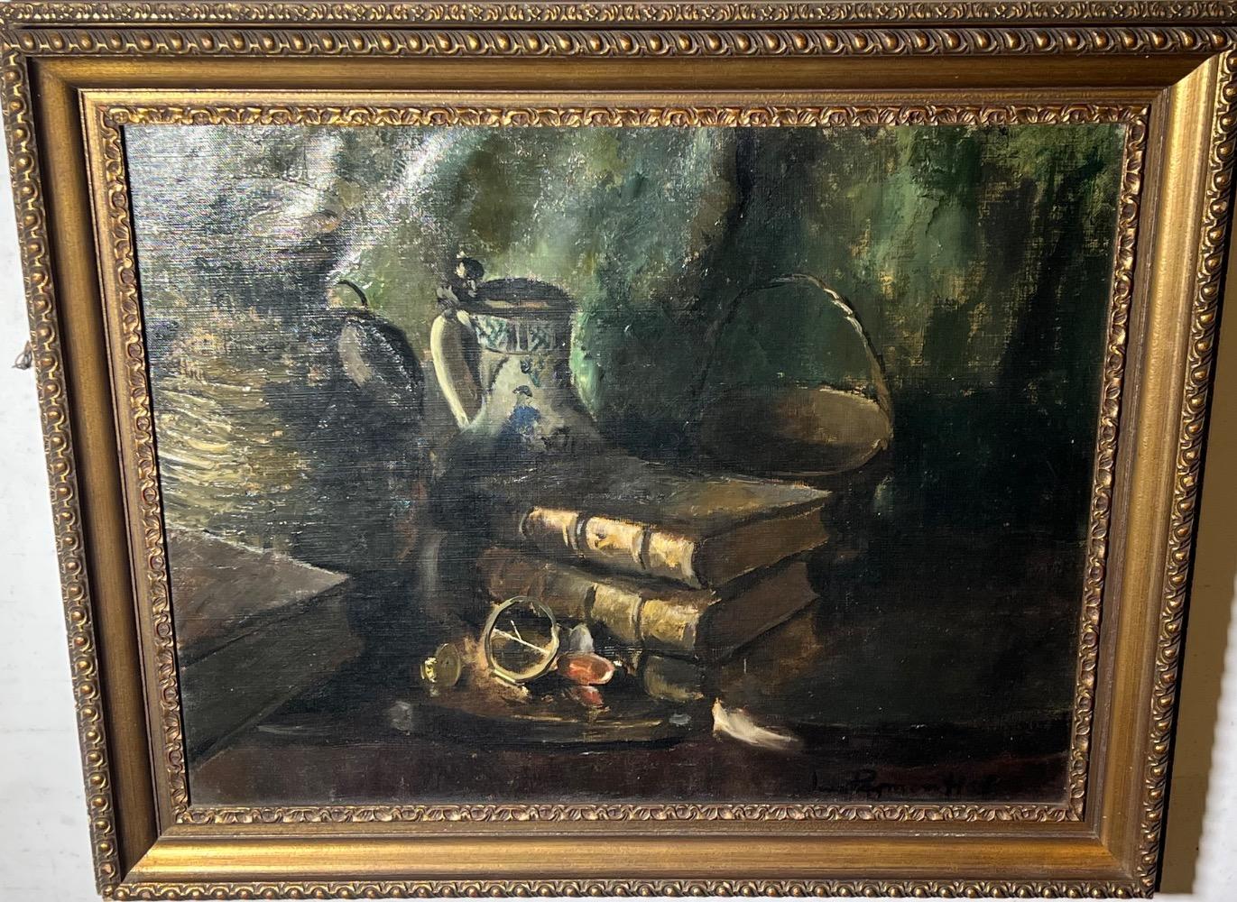 Stillife with books ( on the reverse : the garden ). ( oil on canvas)