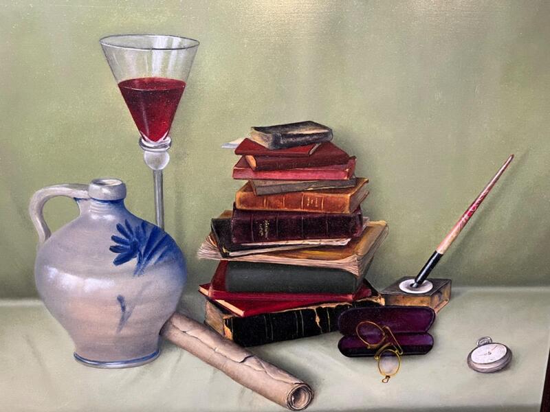 Stillife with books ( oil on panel )