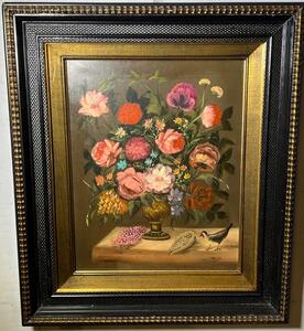 Stillife with flowers and a bird ( oil on canvas )