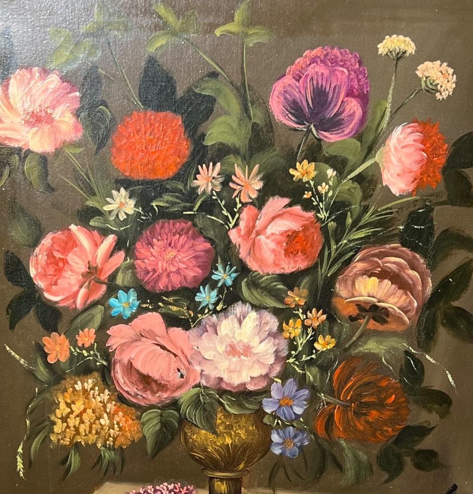 Stillife with flowers and a bird ( oil on canvas )