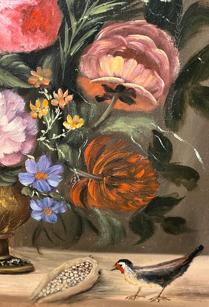 Stillife with flowers and a bird ( oil on canvas )