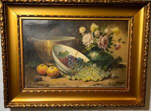 Stillife with flowers and fruit ( oil on canvas )