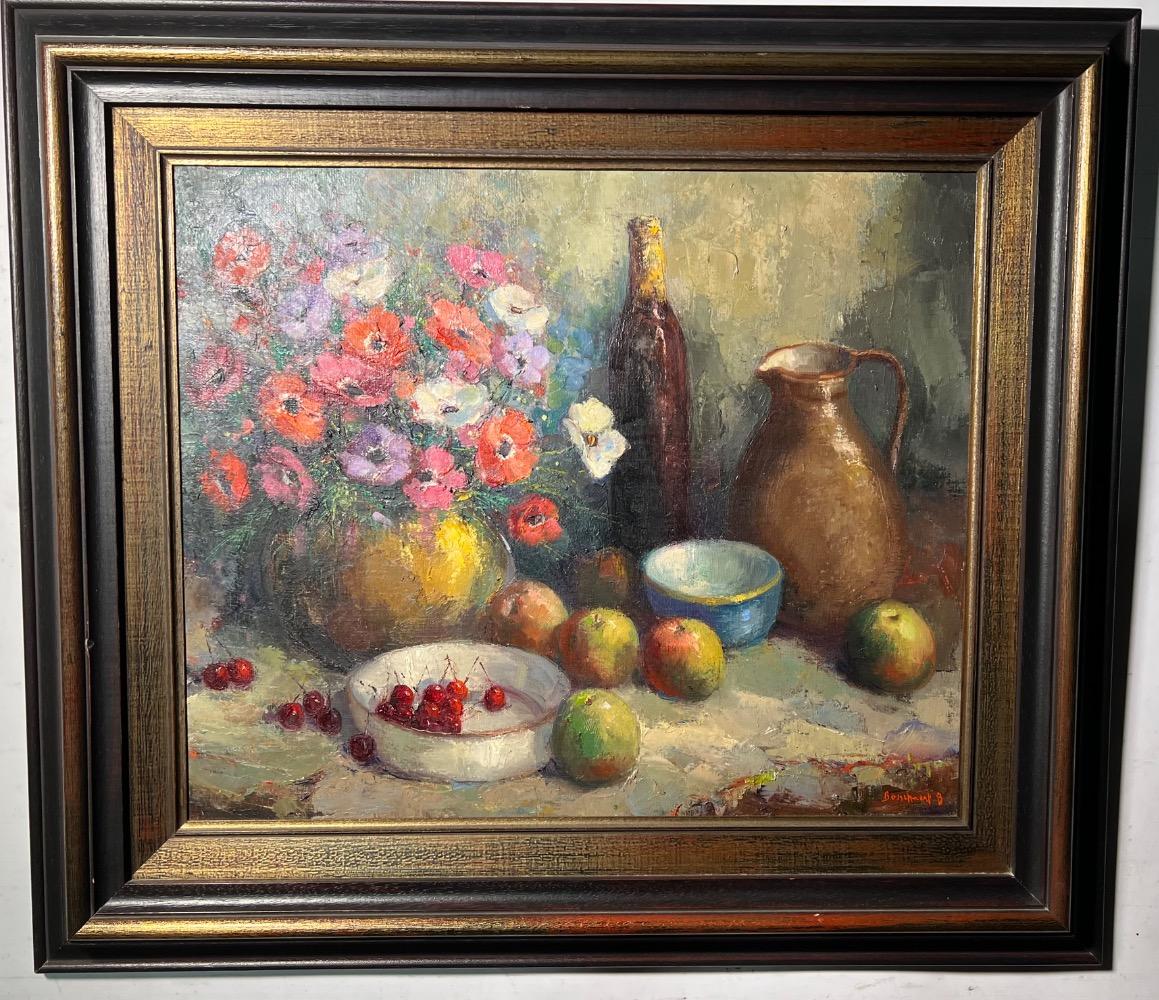 Stillife with flowers and fruit ( oil on canvas )