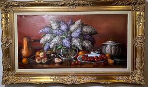 Stillife with flowers and fruit ( oil on canvas on panel )