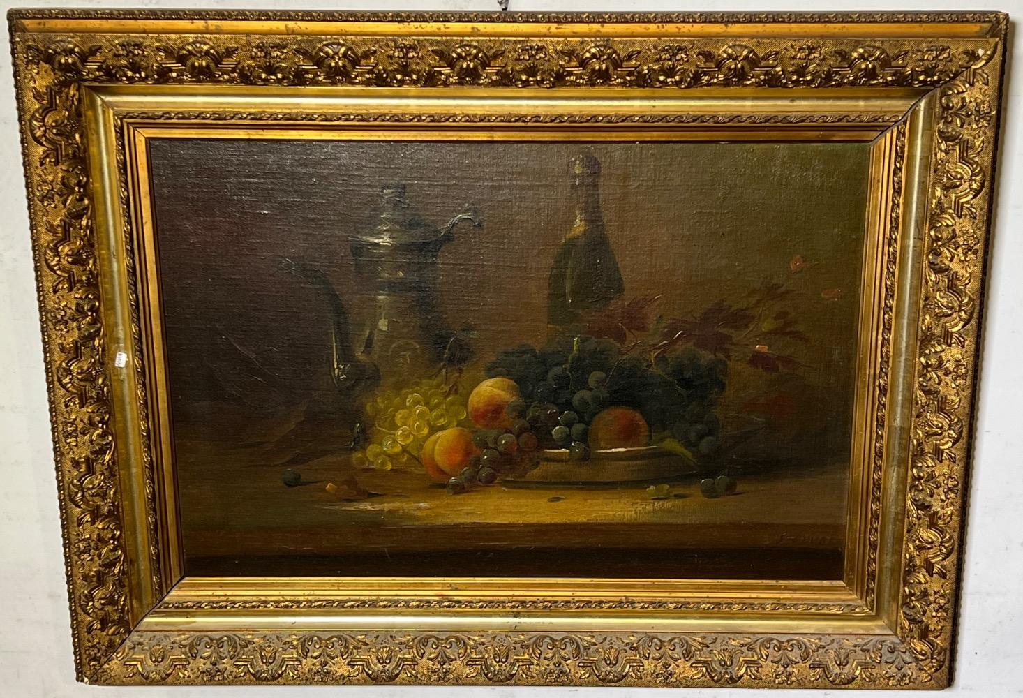 Stillife with fruit and champagne ( oil on canvas )on panel )