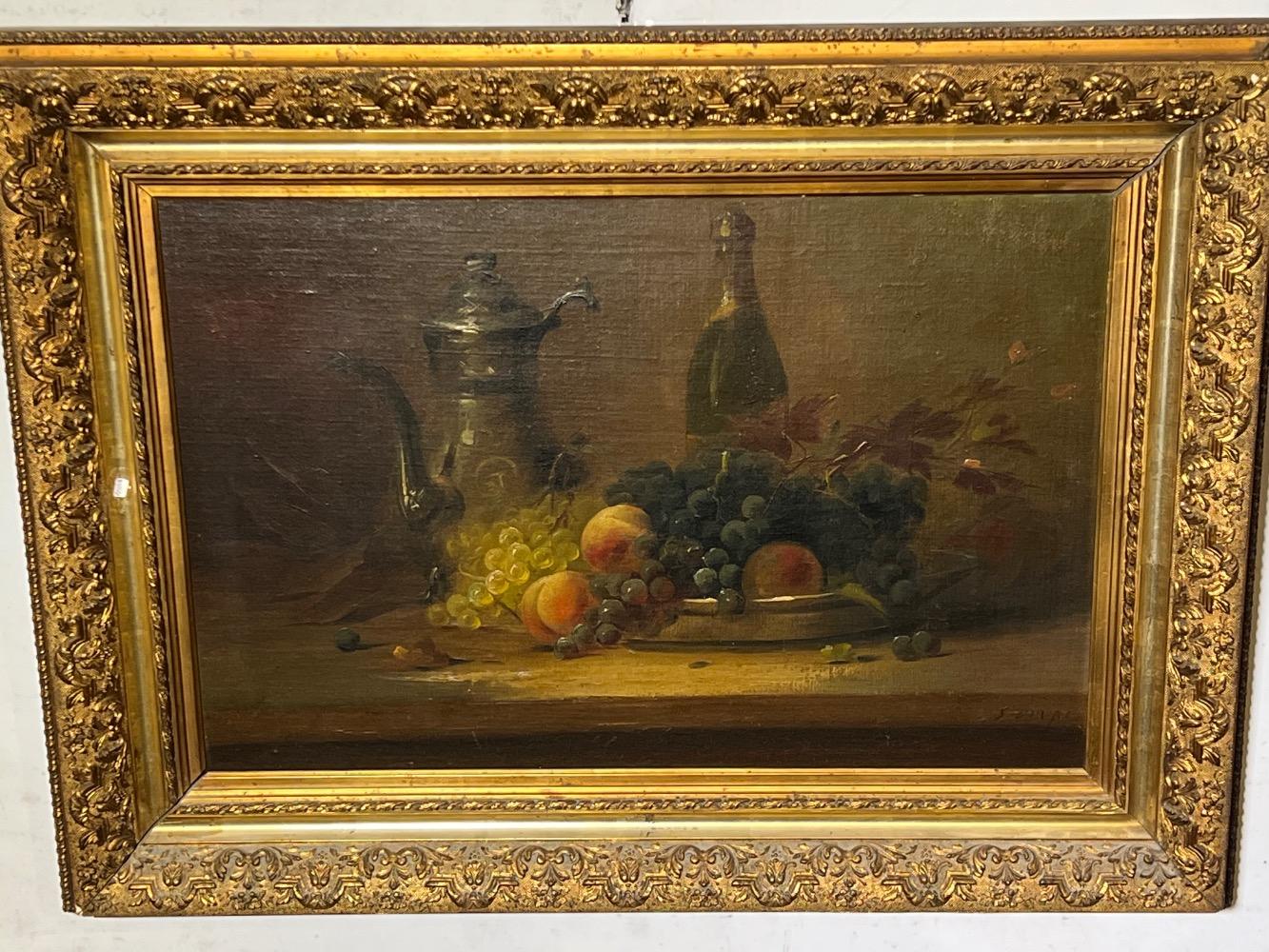 Stillife with fruit and champagne ( oil on canvas )on panel )