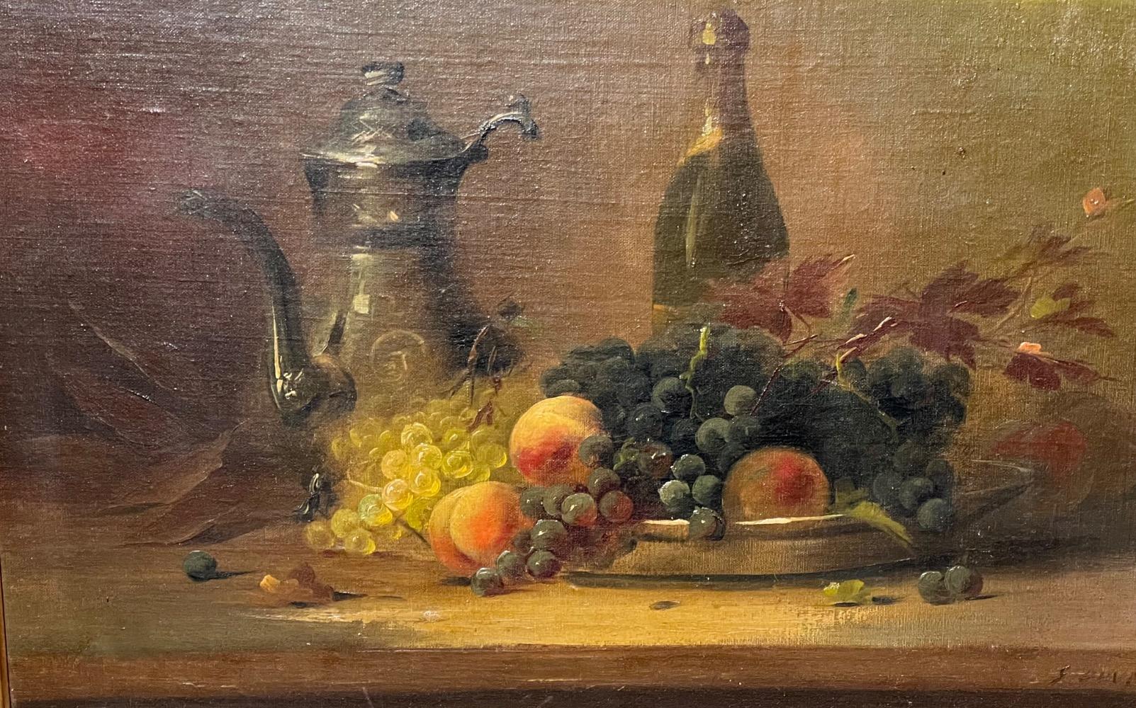 Stillife with fruit and champagne ( oil on canvas )on panel )