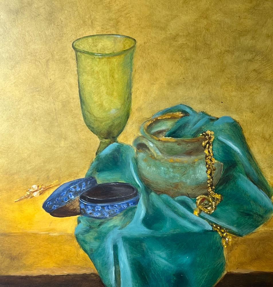 Stillife with jewels and a vase (oil on panel )