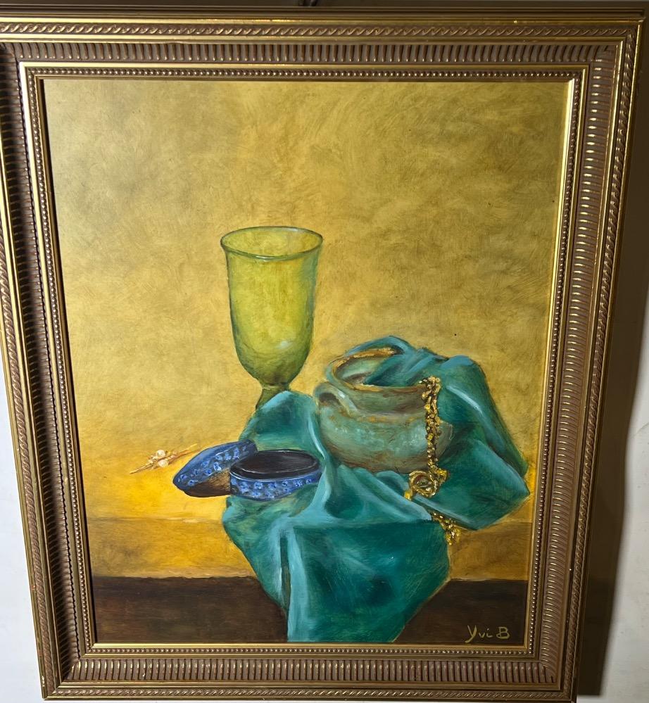 Stillife with jewels and a vase (oil on panel )