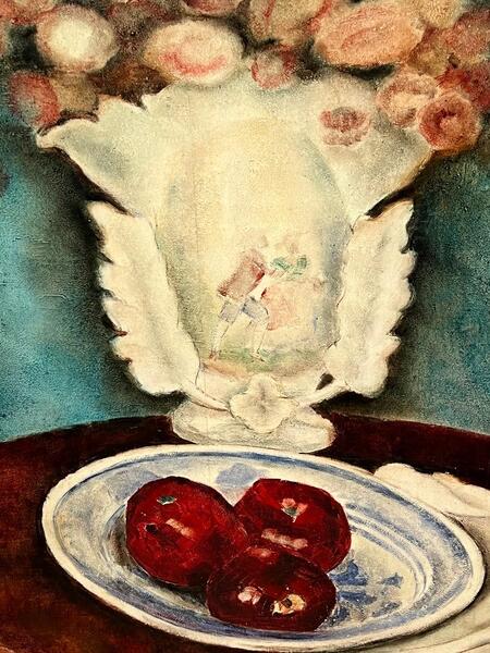Stillife with red apples ( oil on panel )