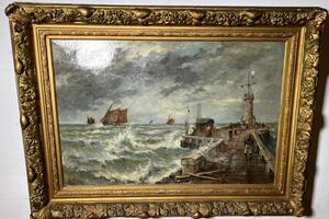Storm in the harbor ( oil on canvas )