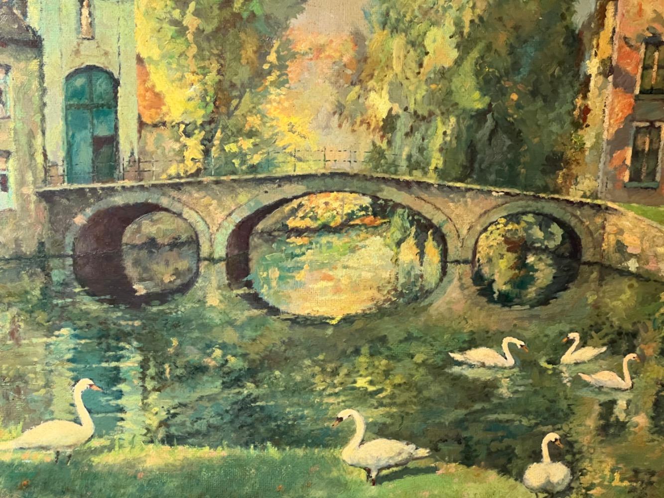 Swans at the lake of love in Bruges ( oil on panel )